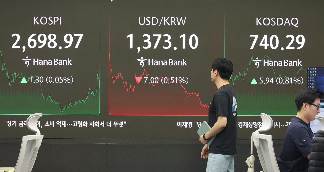 2일 win 토토사이트는 1.30p(0.05%) 오른 2698.97로 장을 마쳤다. 코스닥은 5.94p(0.81%) 오른 740.29로 마감했다. 사진은 이날 서울 하나은행 본점 딜링룸 모습. [연합]