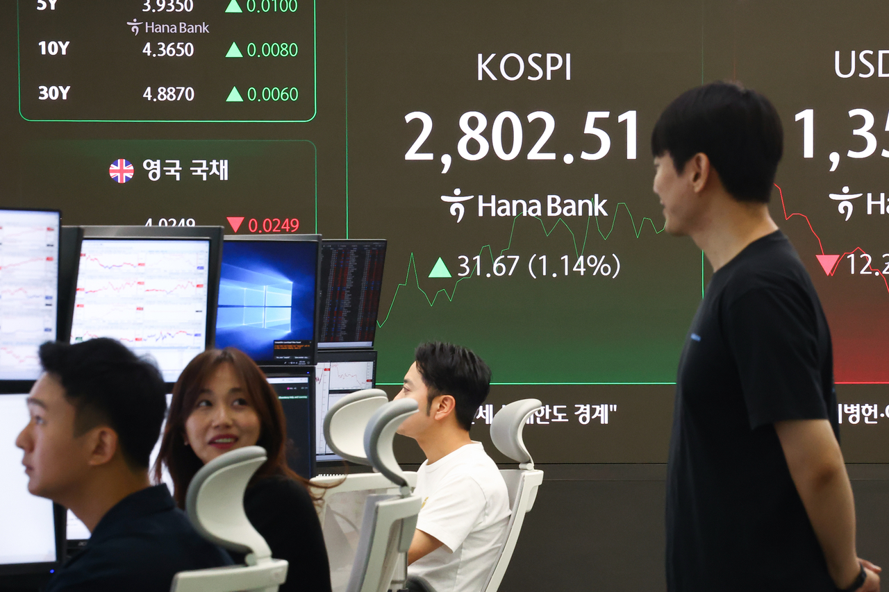 5일 오전 서울 중구 하나은행 본점 딜링룸 현황판에 코스피가 표시돼 있다.  이날 코스피는 전장보다 19.49p(0.70%) 오른 2,790.33로 시작해 장중 2,800을 돌파하기도 했다. [연합]