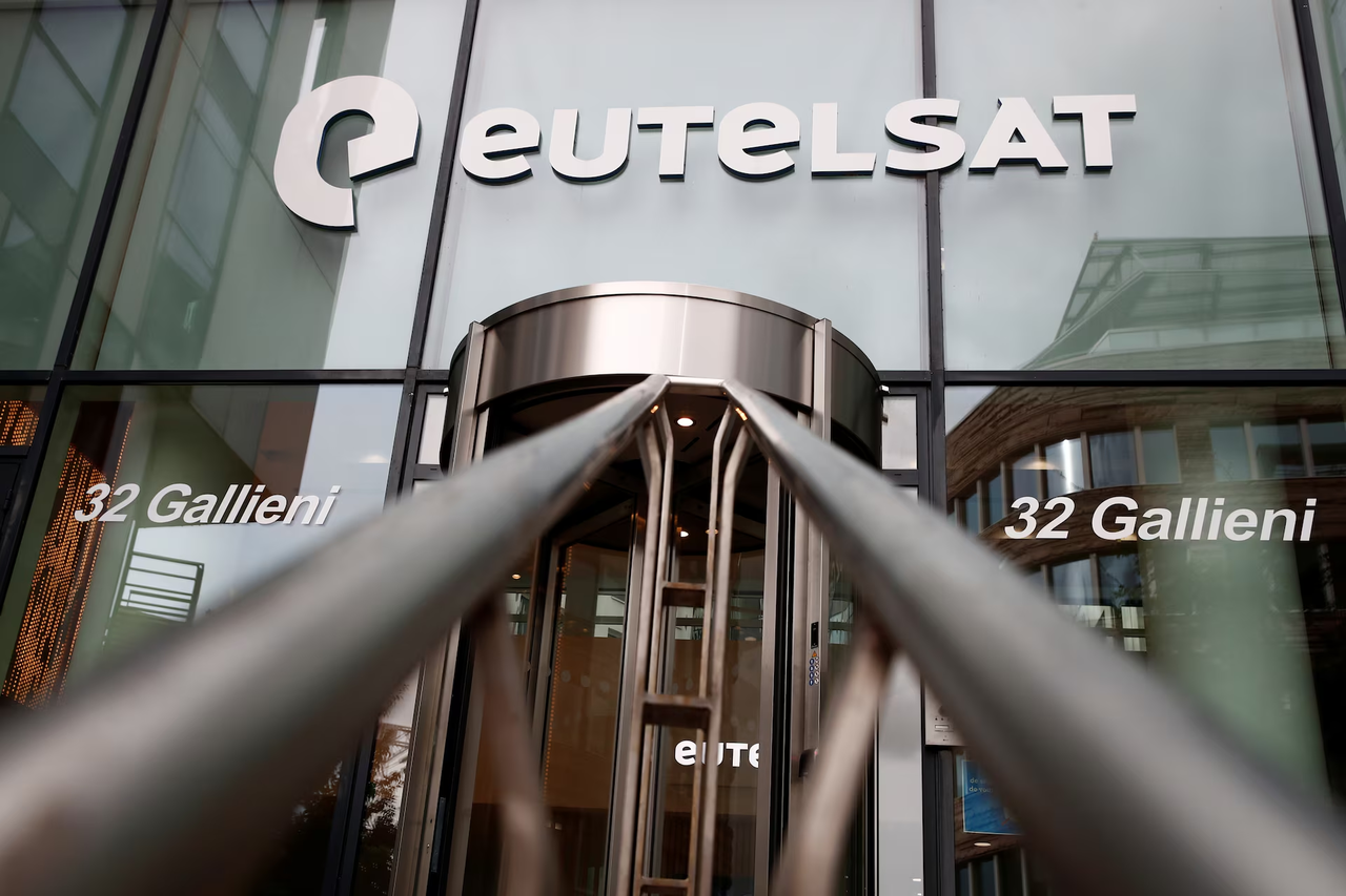 The logo of the European satellite operator Eutelsat is seen at the company's headquarters in Issy-les-Moulineaux near Paris, France, October 11, 2021. (Reuters)