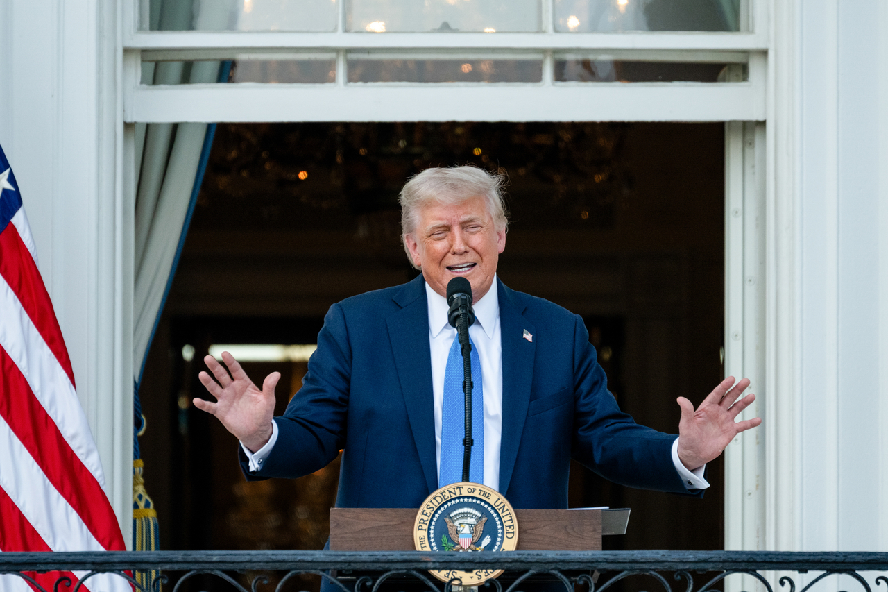 US President Donald Trump speaks during a summer soiree on the South Lawn of the White House in Washington on Wednesday.   UPI-Yonhap