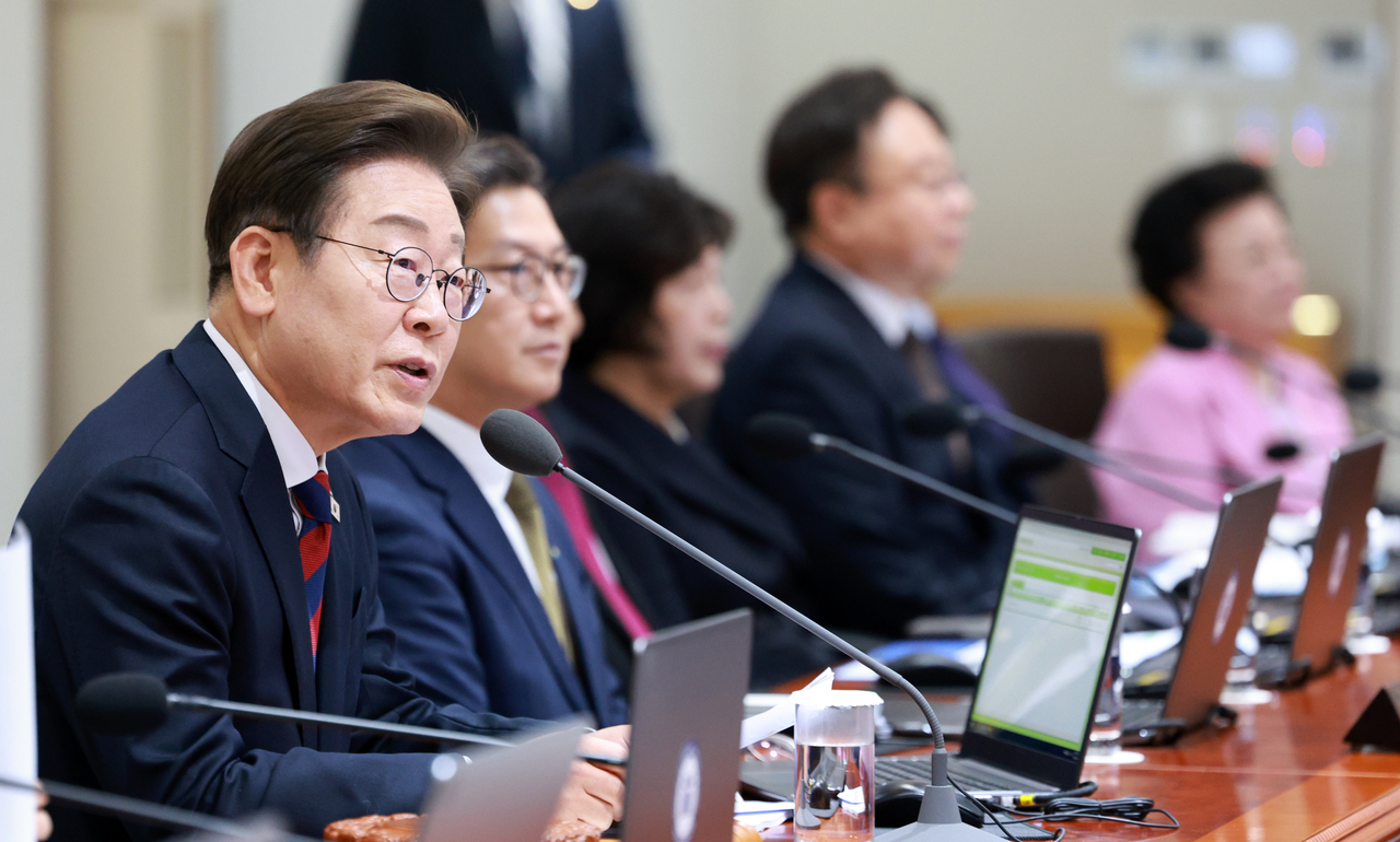 President Lee Jae-myung speaks during the first Cabinet meeting he presided over since taking office earlier this week, at the presidential office in Yongsan, Seoul, on Thursday. (Pool photo via Yonhap)