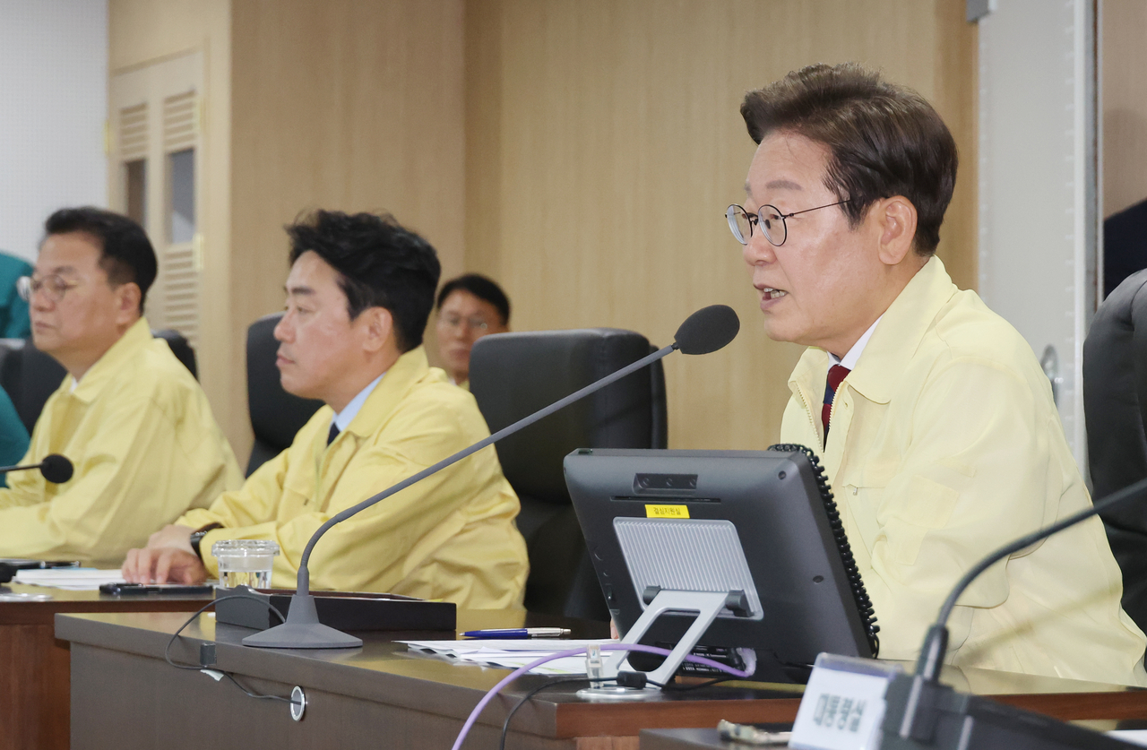 President Lee Jae-myung speaks during the national public safety meeting held in the National Security Council conference room at the presidential office in Seoul, Thursday. (Yonhap)