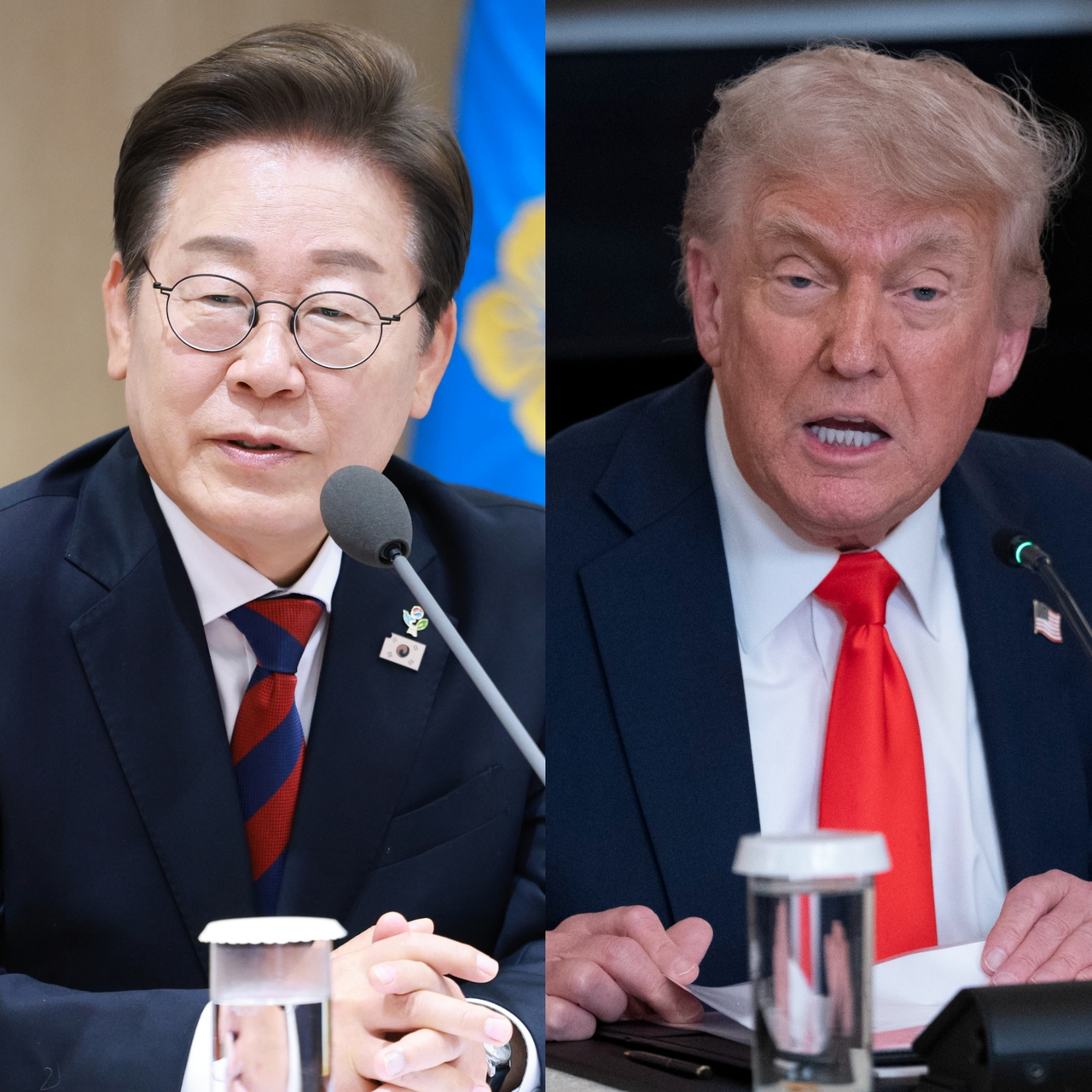 President Lee Jae-myung (left) speaks during a Cabinet meeting at the presidential office in Seoul on Thursday, while US President Donald Trump (right) participates in a roundtable discussion with the Fraternal Order of Police at the White House in Washington, also on Thursday. (Left: Pool photo via Yonhap; Right: Pool photo via EPA; combined by The Korea Herald)