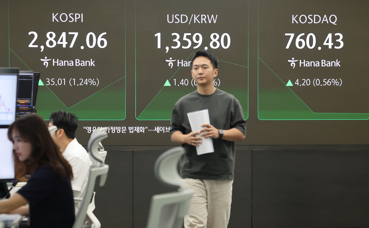 An electronic board showing the Korea Composite Stock Price Index at a dealing room of the Hana Bank headquarters in Seoul on Monday. (Yonhap)