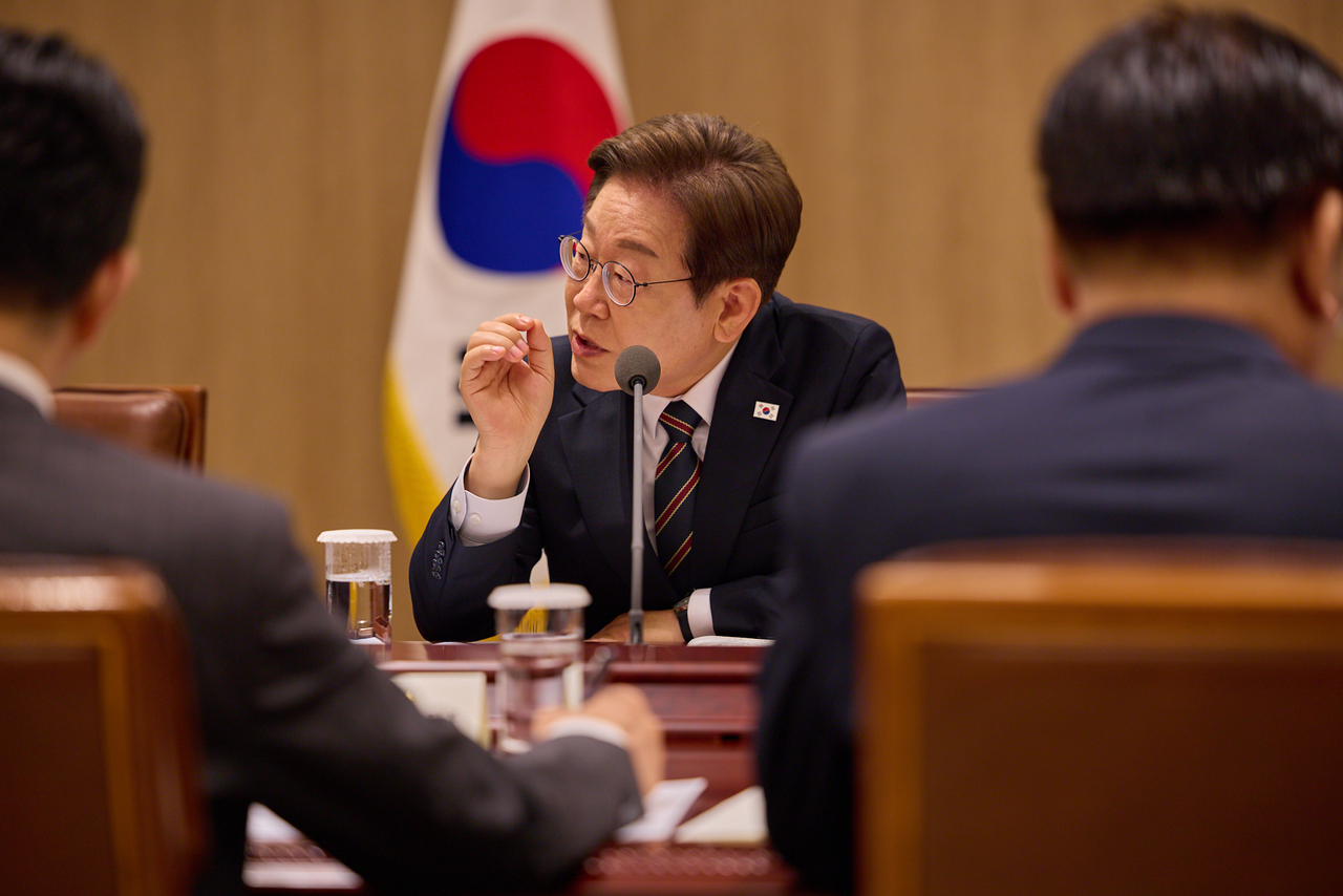 President Lee Jae-myung speaks at a task force meeting held Monday at the presidential office in Yongsan, central Seoul. (Presidential office)