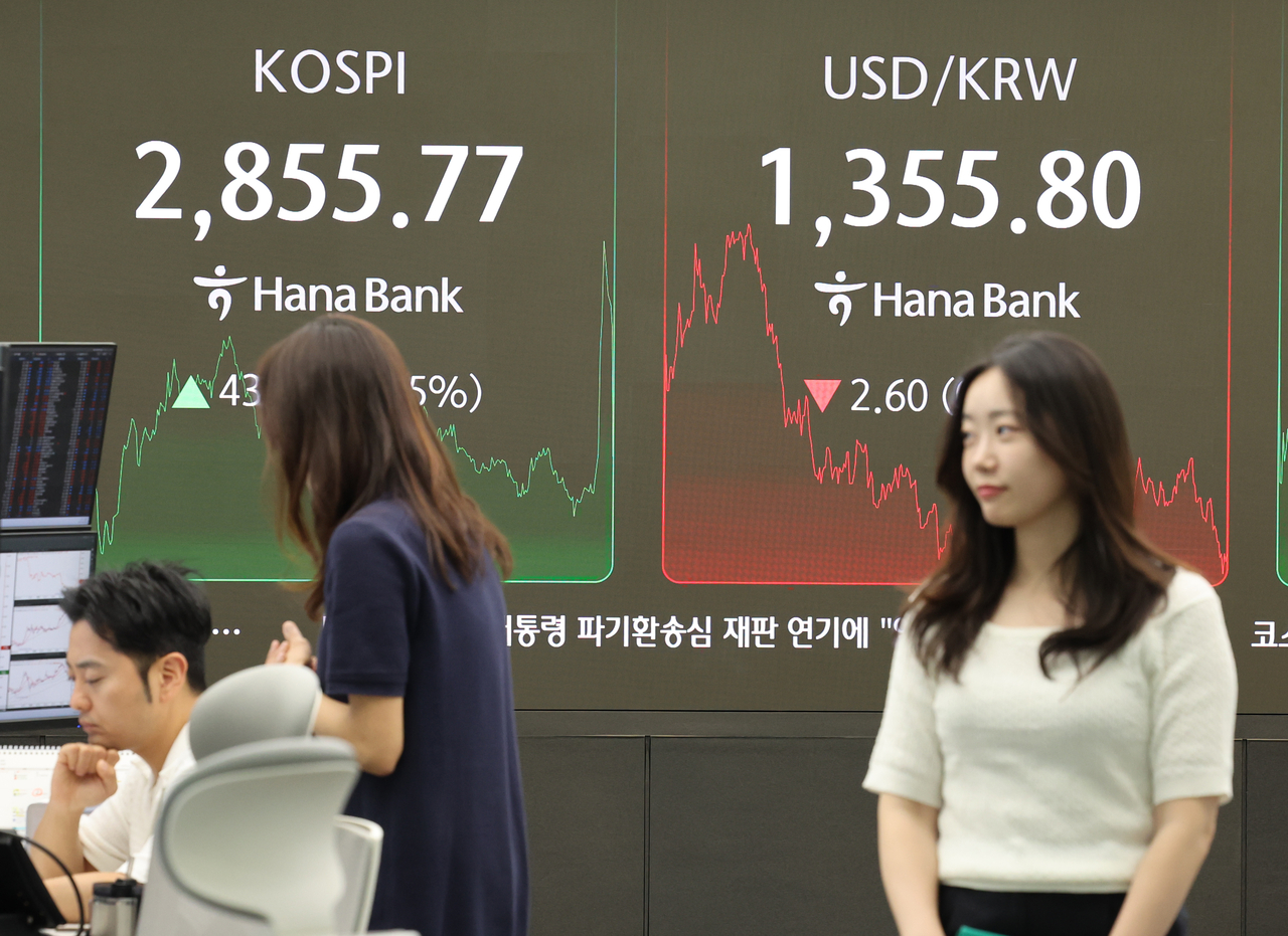 An electronic board showing the Korea Composite Stock Price Index at a dealing room of the Hana Bank headquarters in Seoul on Monday. (Yonhap)