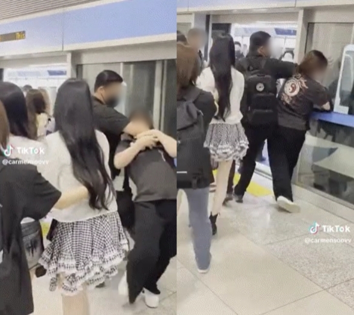 걸그룹 하츠투하츠 경호원이 공항에서 시민을 밀치고 위협하는 영상. [SNS]