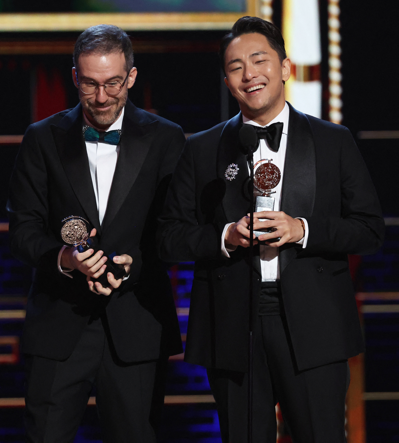Will Aronson (left) and Hue Park accept the best original score award for "Maybe Happy Ending" at the 78th Annual Tony Awards preshow in New York City, Sunday. (Reuters-Yonhap)