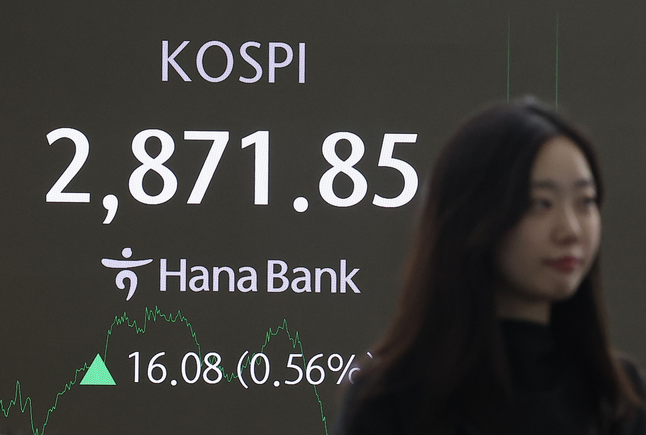 An electronic board at the Hana Bank dealing room in central Seoul shows the benchmark Kospi closing daytime trading at 2,871.85, Tuesday. (Yonhap)