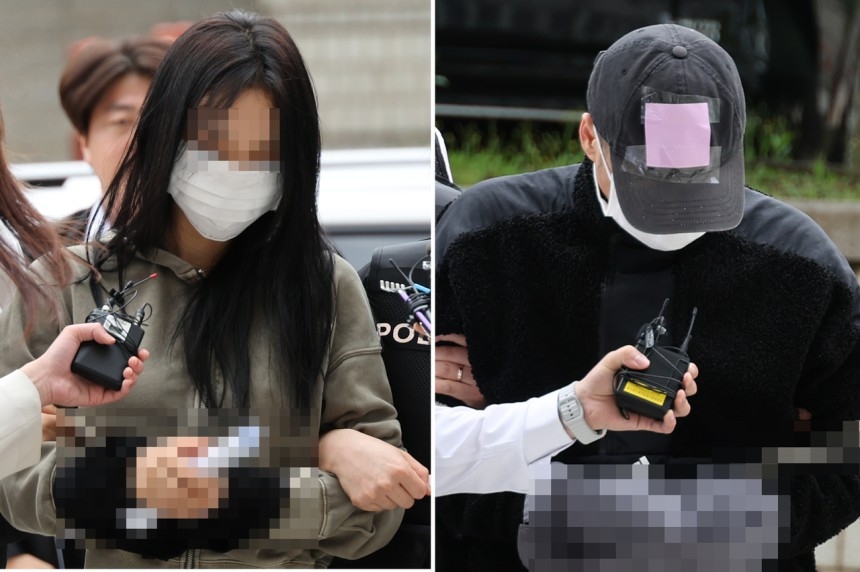 축구 국가대표팀 주장 손흥민의 아이를 임신했다고 주장하며 손씨에게 돈을 뜯어내려 한 20대 여성 양모씨(왼쪽)와 40대 남성 용모씨가 지난달 17일 영장실질심사를 받기 위해 서울중앙지법에 들어서고 있다.[연합]