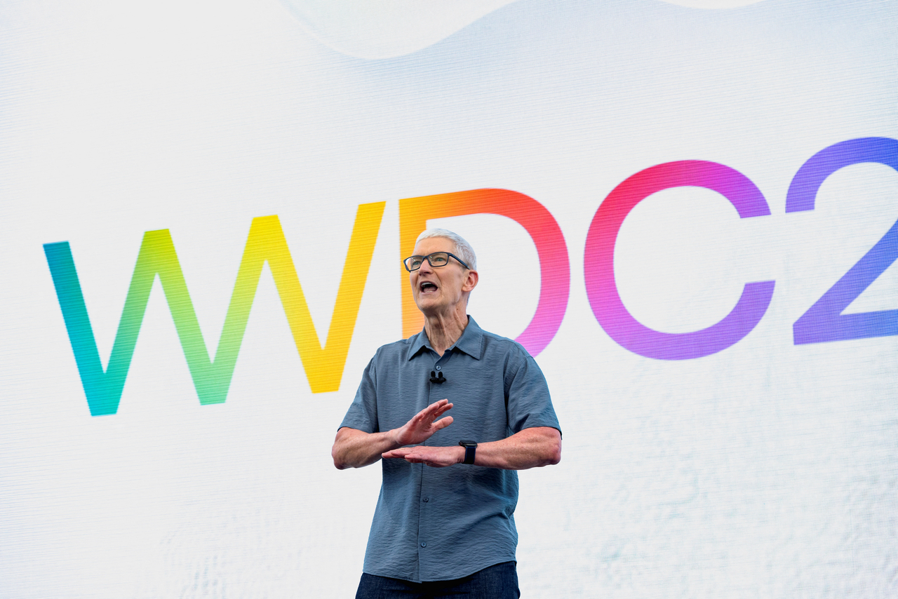 Apple CEO Tim Cook speaks during Apple's annual World Wide Developers Conference at the company's headquarters in Cupertino, California, Monday. Reuters-Yonhap