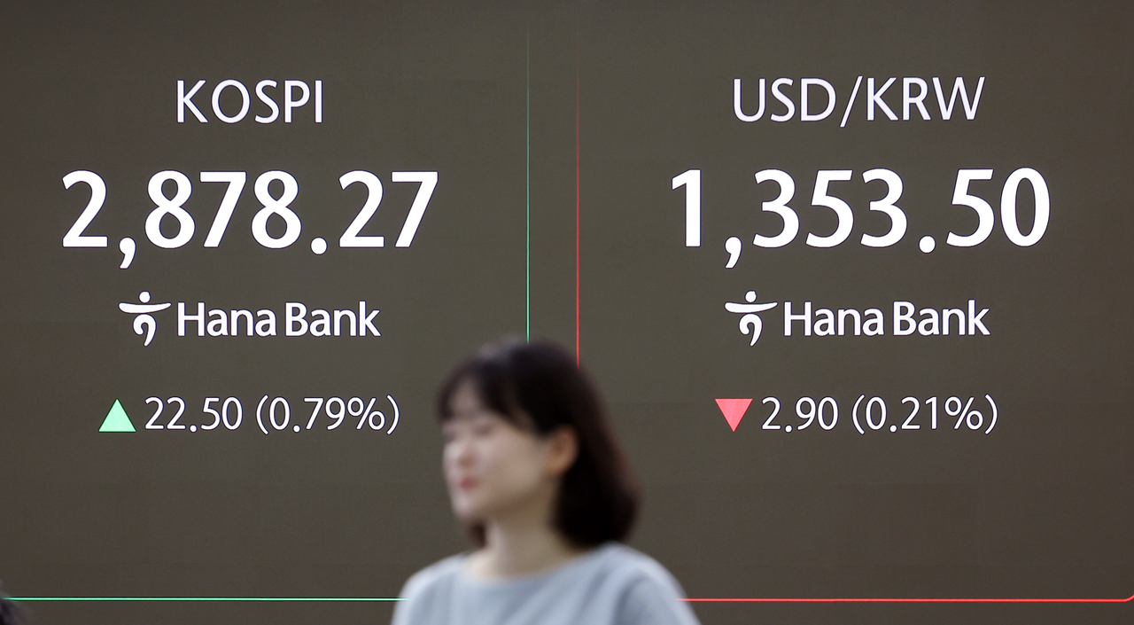 An electronic board showing the Korea Composite Stock Price Index at a dealing room of the Hana Bank headquarters in Seoul on Tuesday. (Yonhap)