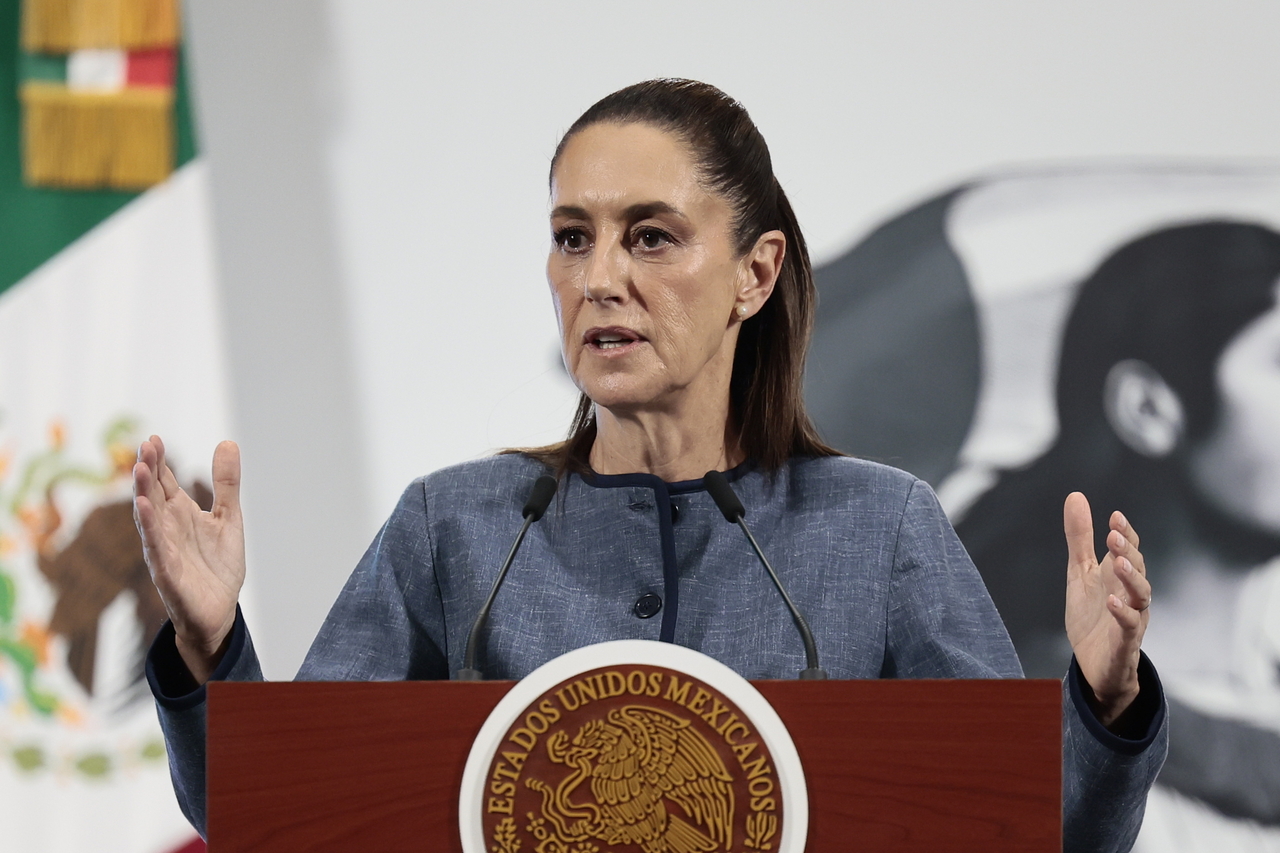Mexican President Claudia Sheinbaum holds a press conference at the National Palace in Mexico City, Monday. (EPA-Yonhap)
