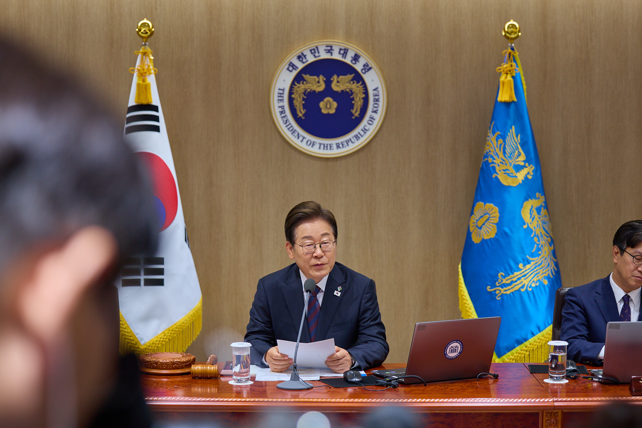 President Lee Jae-myung speaks at his second Cabinet meeting Tuesday at the presidential office in Yongsan, central Seoul. Yonhap
