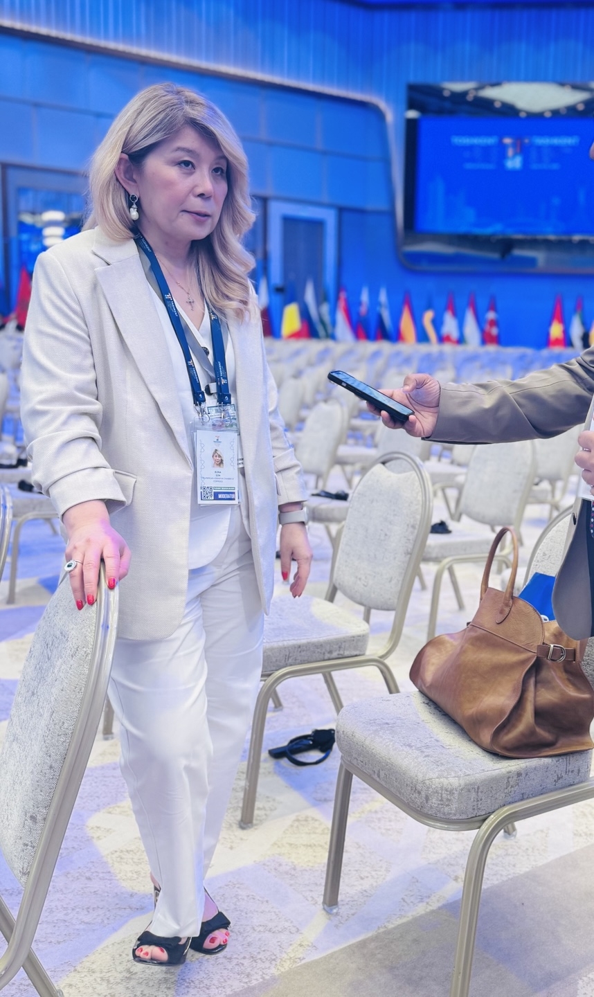 Elena Son, executive director of the American-Uzbekistan Chamber of Commerce, speaks in an interview with The Korea Herald after the plenary session of the Tashkent Investment Forum held at Tashkent City Congress Hall in Tashkent, Uzbekistan, Tuesday. (Sanjay Kumar/The Korea Herald)