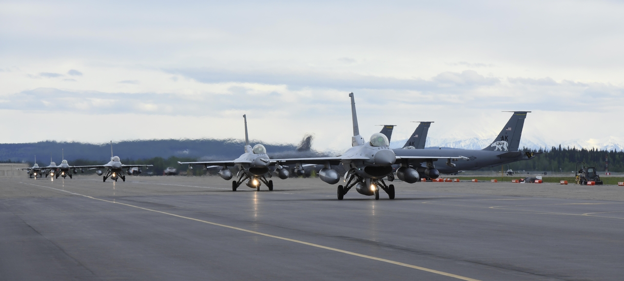 A formation of South Korean Air Force KF-16s lands at Eielson Air Force Base, outside Fairbanks, Alaska, June 5. (Air Force)