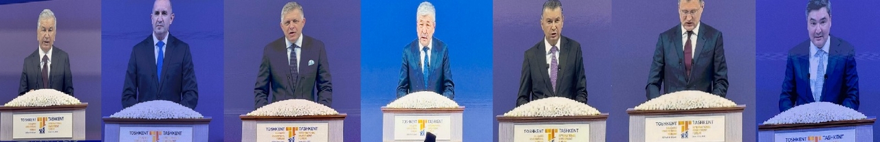Leaders speak at the plenary session of the Tashkent Investment Forum held at Tashkent City Congress Hall in Tashkent on Tuesday. From left: Uzbek President Shavkat Mirziyoev, President of Bulgaria Rumen Radev, Prime Minister of Slovakia Robert Fico, Chairman of the Cabinet of Ministers of Kyrgyzstan Adylbek Kasymaliev, Prime Minister of Tajikistan Qohir Rasulzoda, Deputy Prime Minister of Russia Alexander Novak, Prime Minister of Kazakhstan Olzhas Bektenov. (Sanjay Kumar/The Korea Herald)