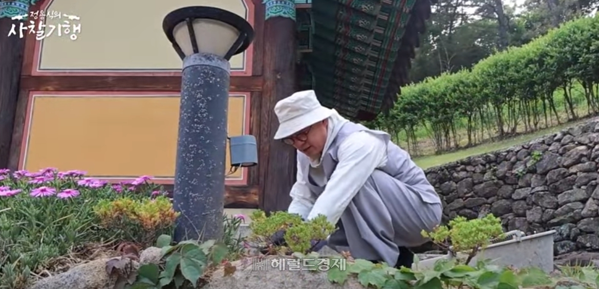 토토사이트 라운더스 삼성각 앞 잔디마당의 잡풀을 제거하는 여경 주지 스님 모습. [유튜브 채널 정용식의 사찰 기행 캡처]