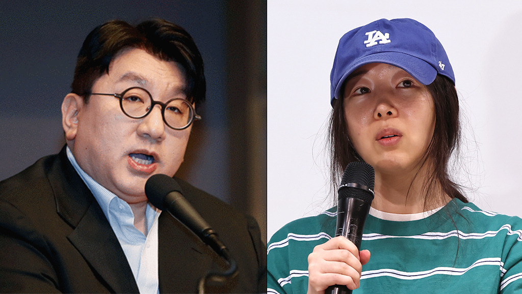 방시혁(왼쪽부터) 롤 스포츠토토 의장과 민희진 전 어도어 대표. [연합]
