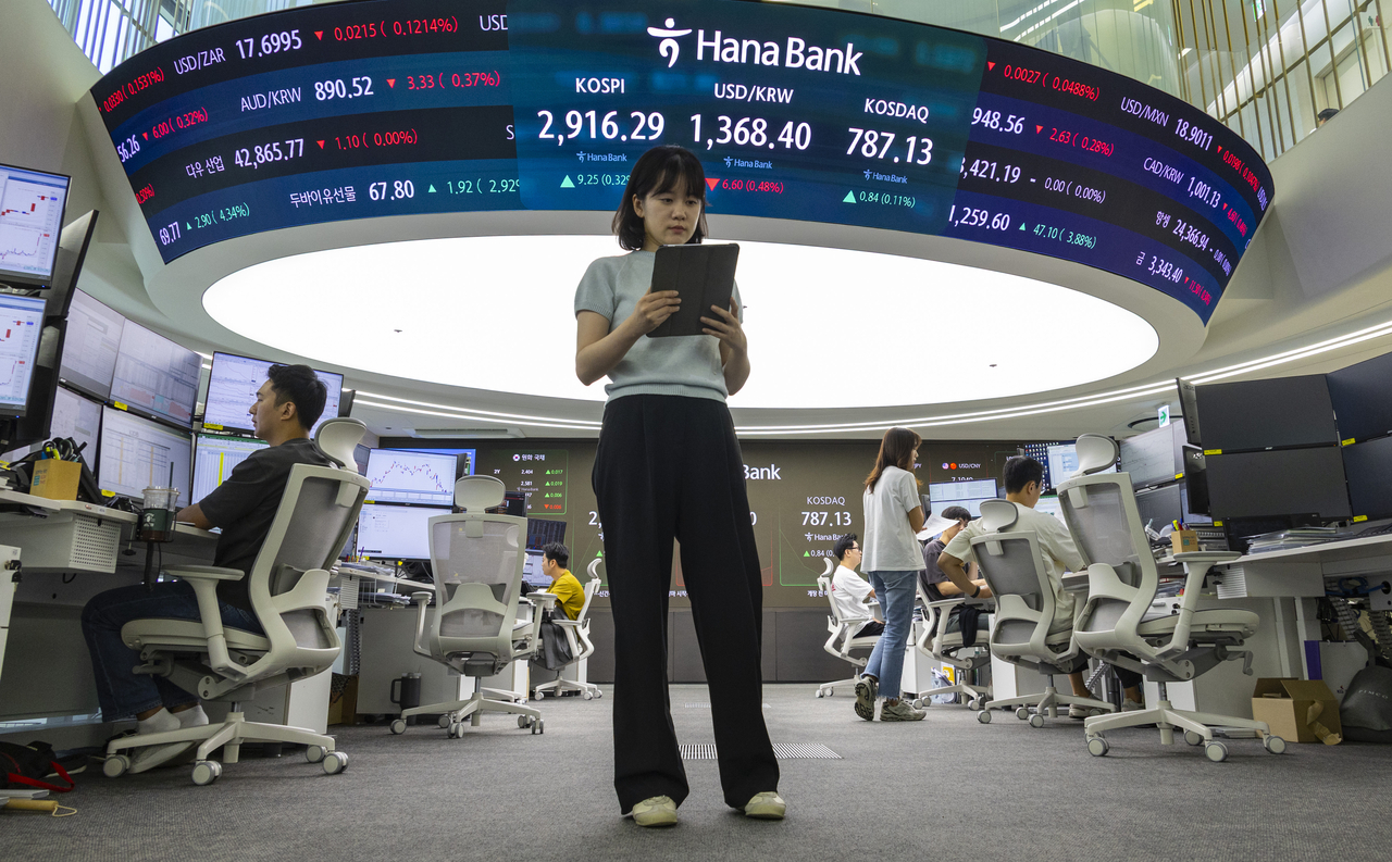 A monitor at Hana Bank's dealing room in central Seoul shows the fluctuations of major stock indices  Kospi and Kosdaq, alongside the won's value per dollar, Thursday. (Yonhap)