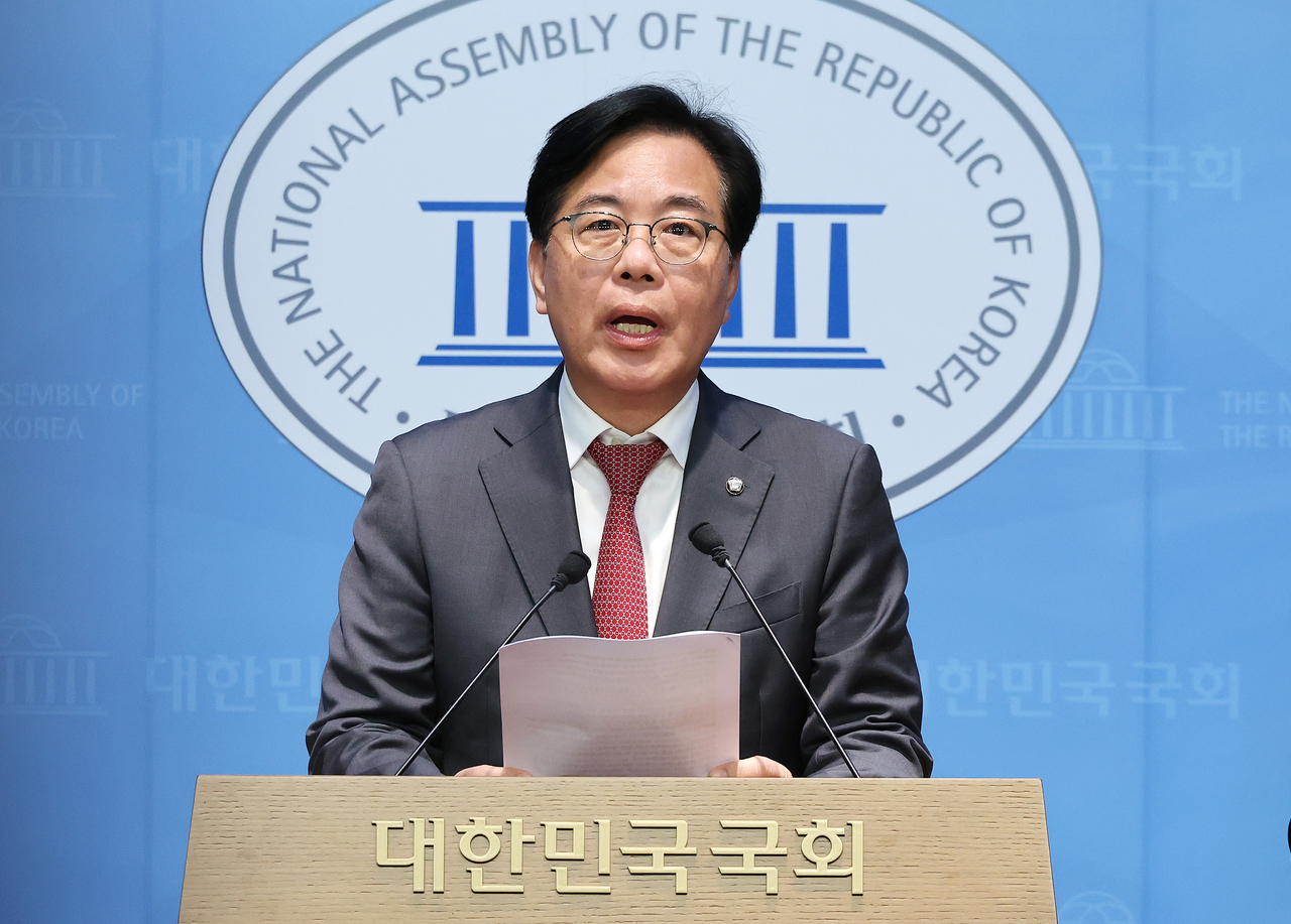 송언석 국민의힘 의원이 12일 서울 여의도 국회 소통관에서 원내대표 출마 선언을 하고 있다. [연합]