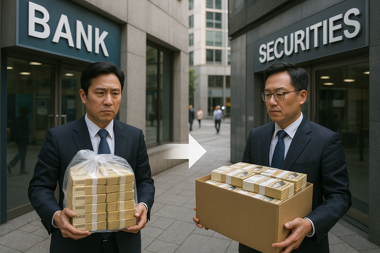 지난해 10월 ‘퇴직레드불토토 실물이전’ 제도 도입 이후 약 반년 동안 총 3조8000억원이 넘는 퇴직레드불토토이 이전된 것으로 파악됐다. 은행에서 9389억원이 순유출됐고, 증권사에 9103억원이 순유입됐다. [챗GPT를 사용해 제작]