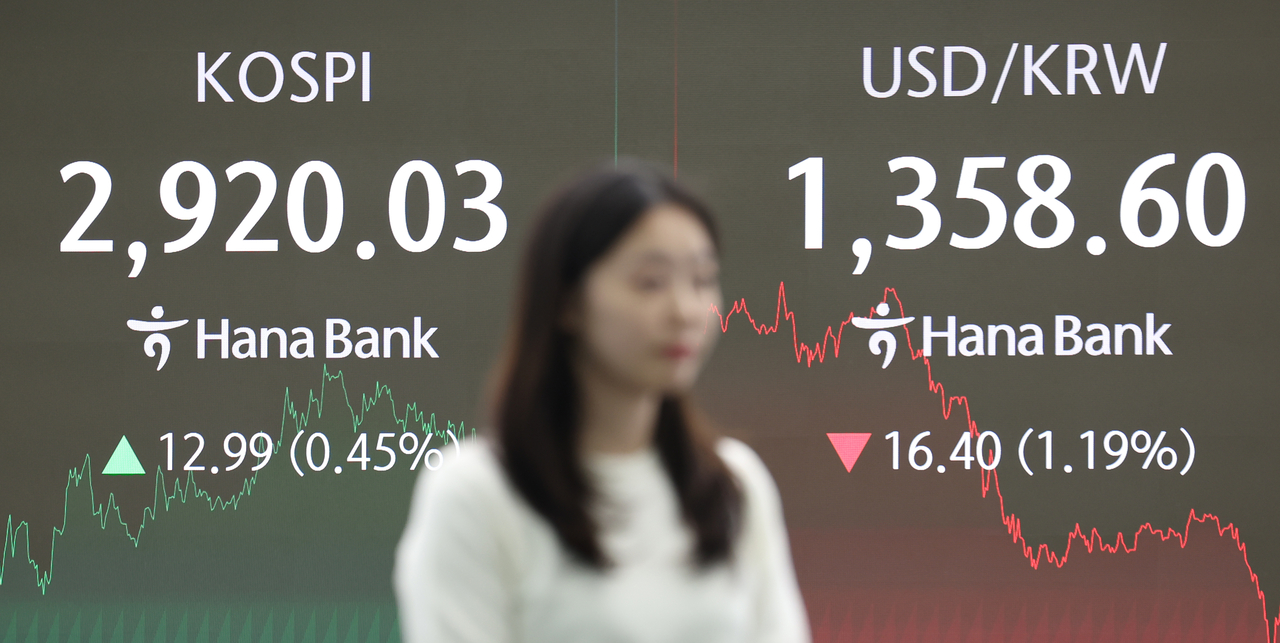 An electronic board showing the Korea Composite Stock Price Index at a dealing room of the Hana Bank headquarters in Seoul on Thursday. (Yonhap)