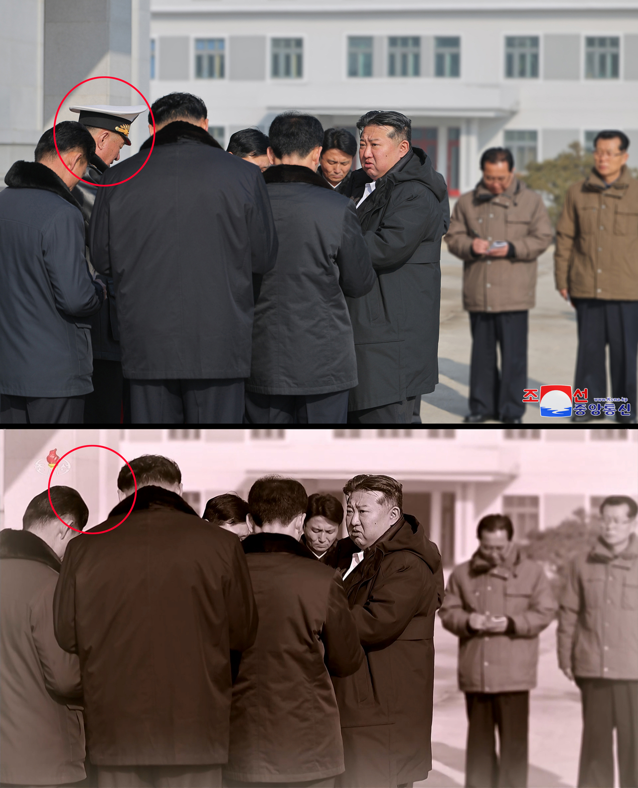 This composite image shows North Korean leader Kim Jong-un's (3rd from R) inspection of a warship construction in March. The top image shows the North Korean navy's former chief commander Kim Myong-sik (circled in red) among other officials, while the bottom image captured from footage from the North's official Korean Central Television aired on Friday shows Kim Myong-sik removed. (Yonhap)