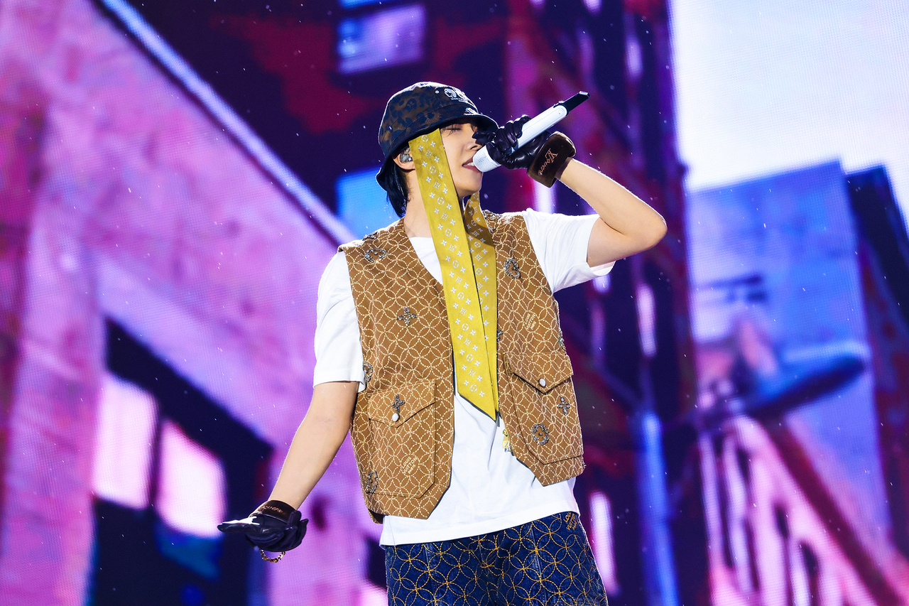 J-Hope performs during his encore solo concert “J-Hope Tour ‘Hope on the Stage’ Final” at Goyang Sports Complex in Gyeonggi Province, Friday. (Big Hit Music)