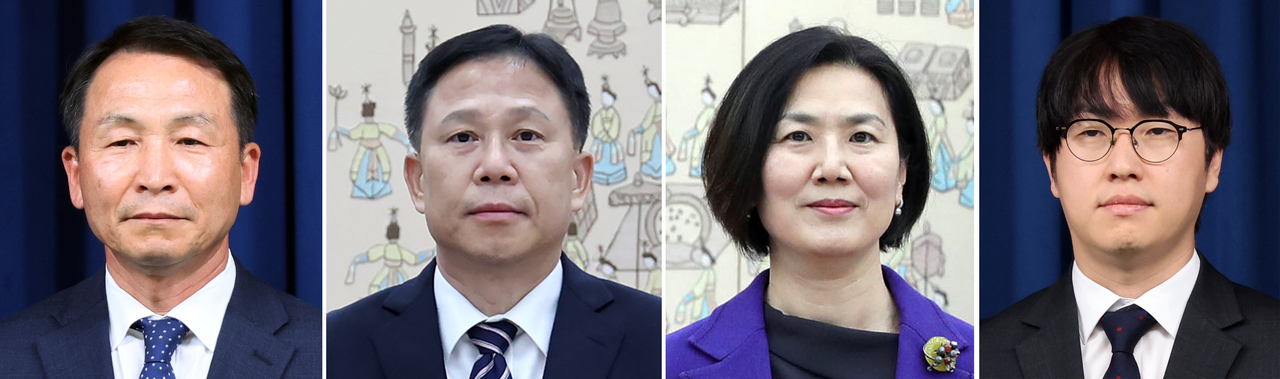 From left: nominees for first deputy national security adviser Kim Hyun-jong, second deputy national security adviser Lim Woong-soon, third deputy national security adviser Oh Hyun-joon and senior presidential secretary for AI and future technology planning Ha Jung-woo (Yonhap)