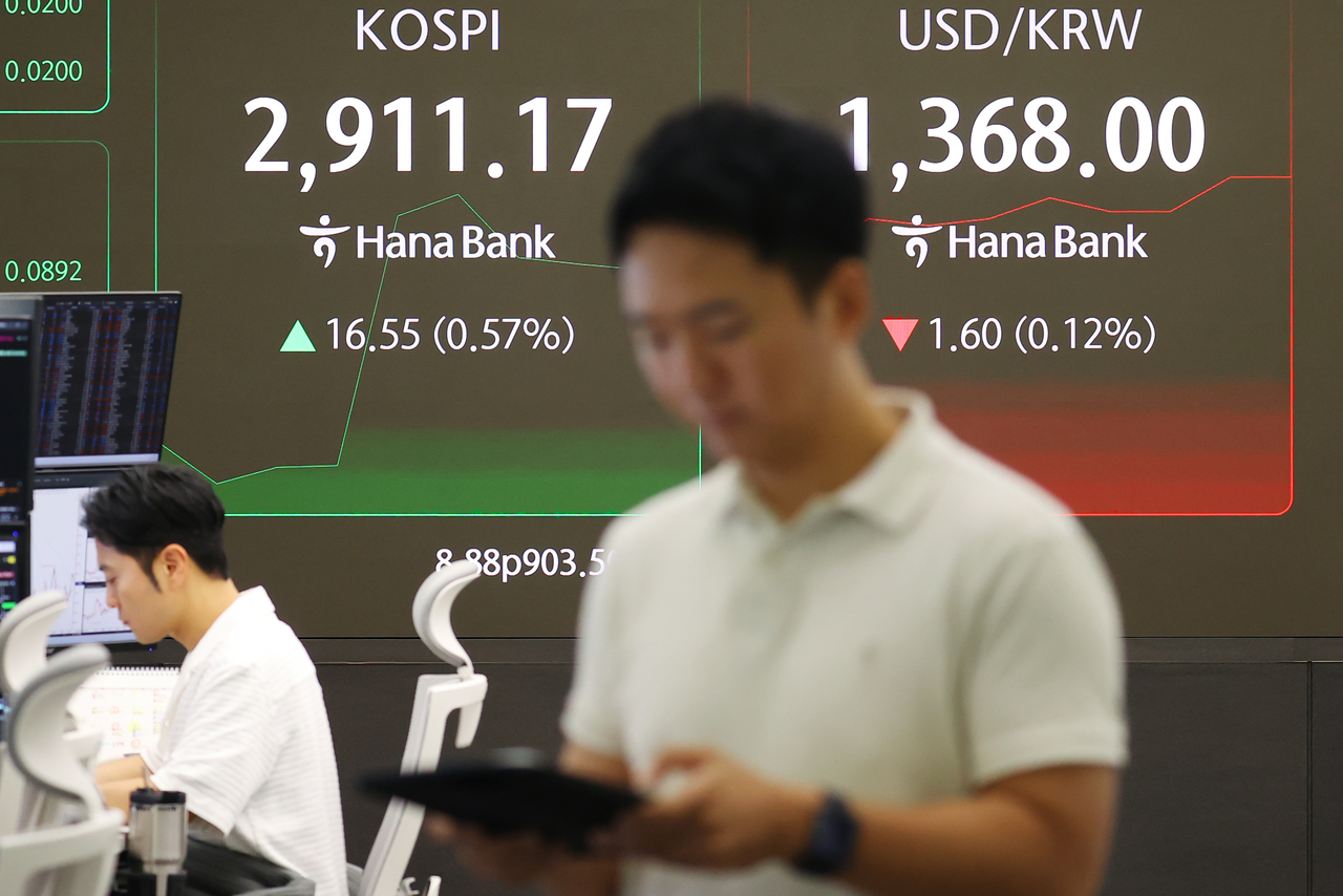 An electronic board showing the Korea Composite Stock Price Index at a dealing room of the Hana Bank headquarters in Seoul on Monday. (Yonhap)