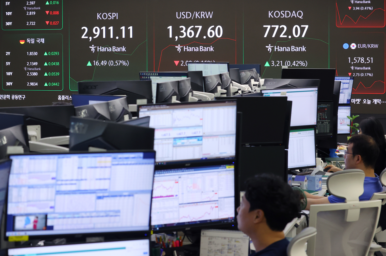 A dealing room at Hana Bank in central Seoul on Monday. (Yonhap)