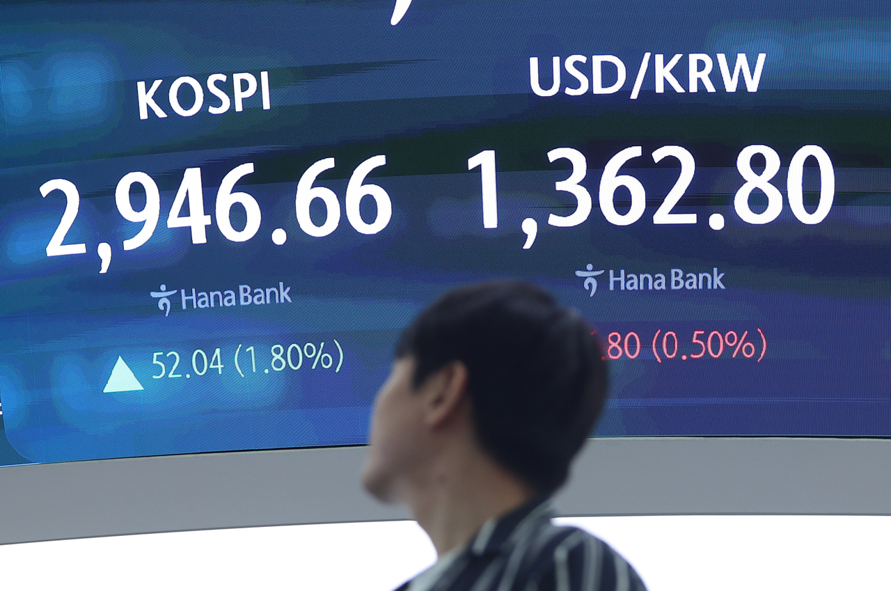 An electronic board showing the Korea Composite Stock Price Index at a dealing room of the Hana Bank headquarters in Seoul on Monday. (Yonhap)