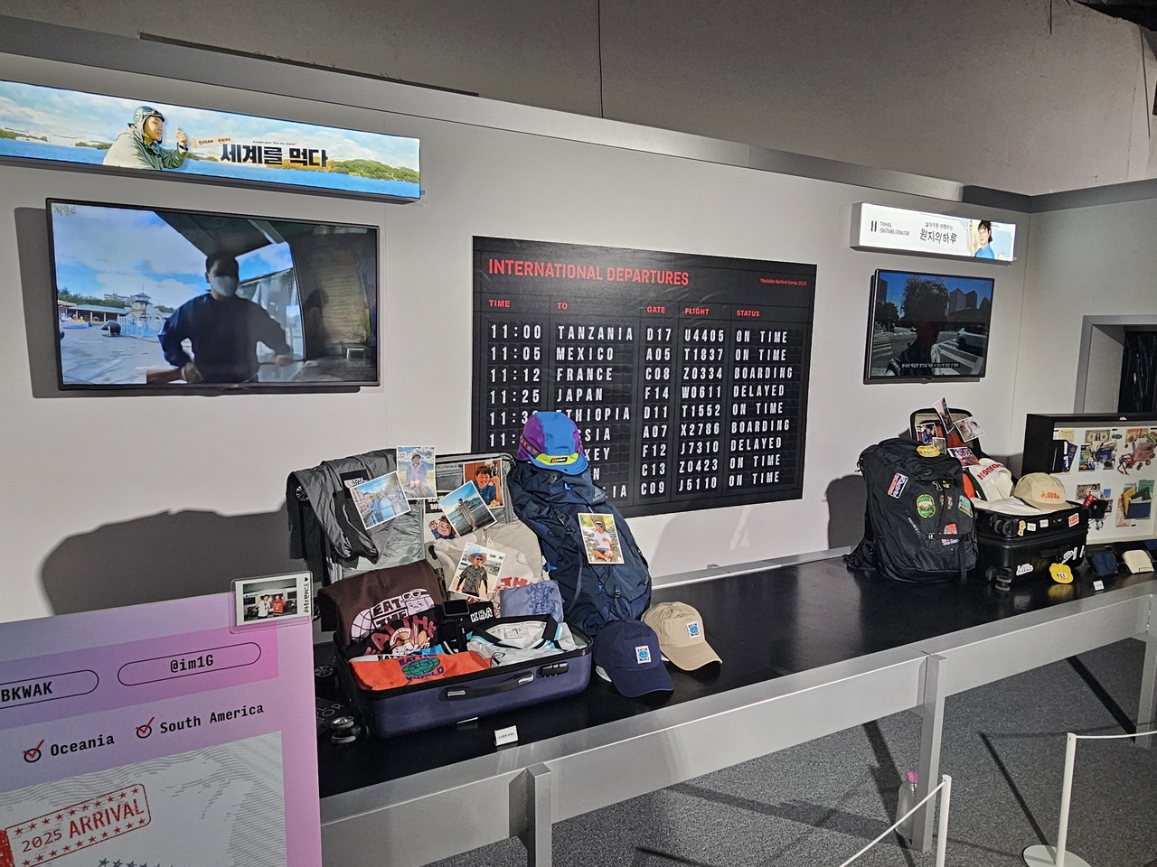 A zone for travel YouTuber Kwaktube displays the YouTuber's personal belongings at a pop-up held for YouTube Fanfest 2025 in Seongsu-dong, Seoul, Sunday. (Lee Yoon-seo/The Korea Herald)