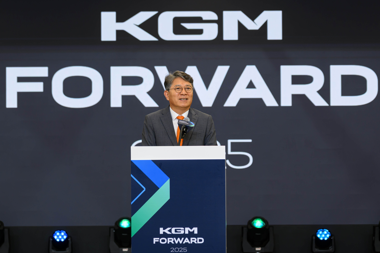 Kwak Jae-sun, chair of KG Mobility, speaks at the KGM Forward event on Tuesday, in the company's headquarters in Pyeongtaek, Gyeonggi Province. (KG Mobility)