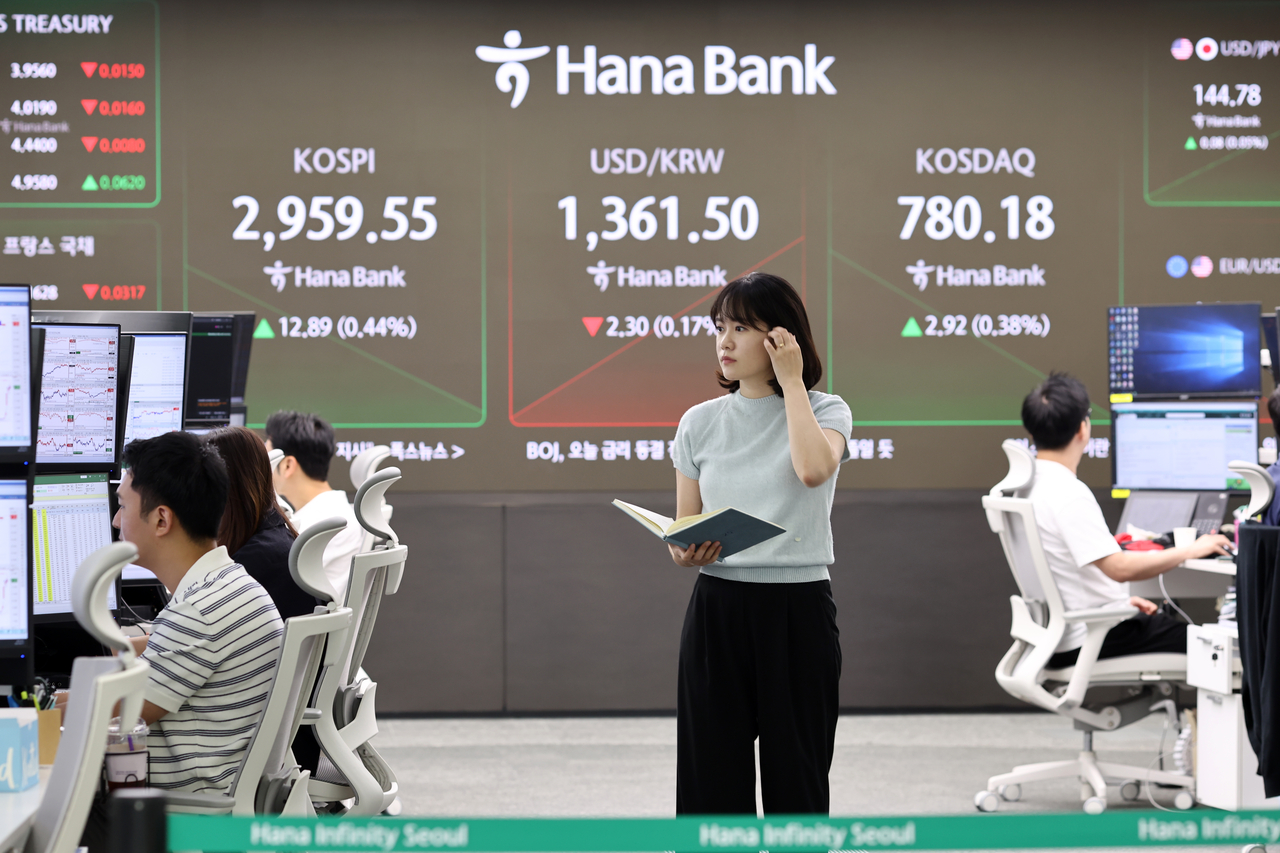 An electronic board showing the Korea Composite Stock Price Index at a dealing room of the Hana Bank headquarters in Seoul on Tuesday. (Yonhap)