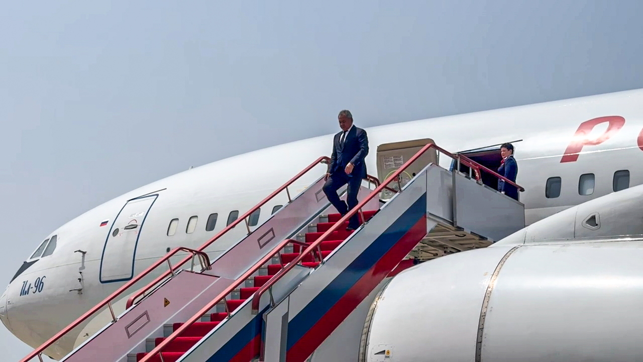 Sergei Shoigu, Secretary of the Security Council of Russia, steps off his plane at Pyongyang International Airport. Video screen grab.