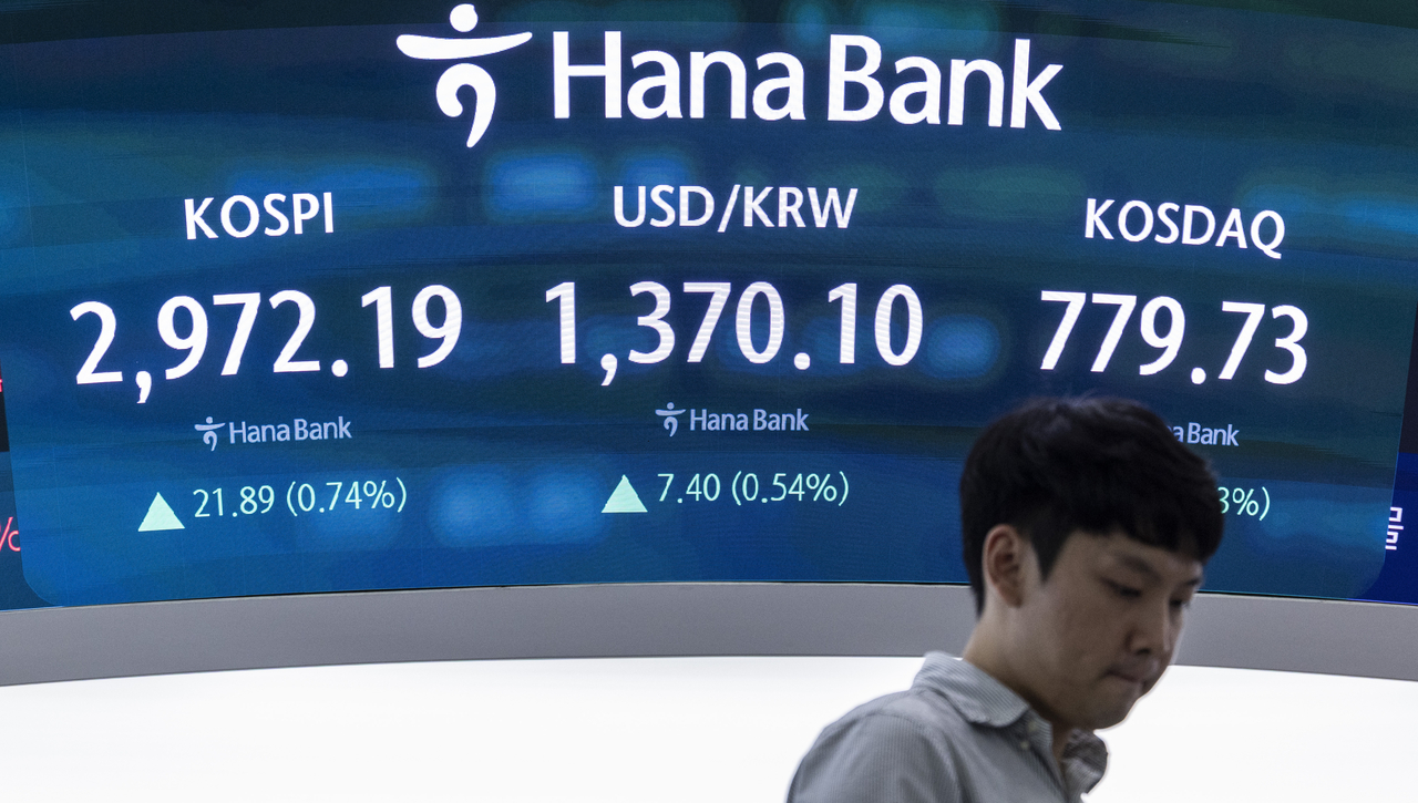 An electronic board showing the Korea Composite Stock Price Index at a dealing room of the Hana Bank headquarters in Seoul on Wednesday. (Yonhap)