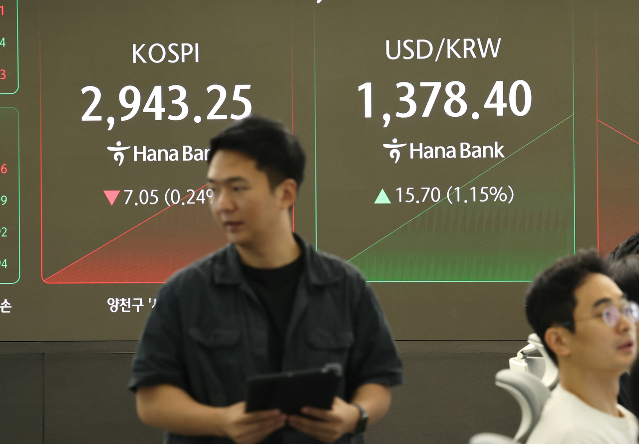 An electronic board showing the Korea Composite Stock Price Index at a dealing room of the Hana Bank headquarters in Seoul on Wednesday. (Yonhap)