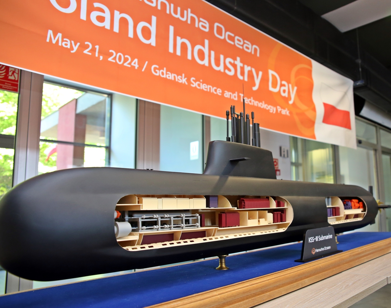 Mockup model of Hanwha Ocean’s submarine, Jangbogo, is displayed at the Poland Industry Day event held on May 21 in Gdansk, Poland. (Hanwha Ocean)
