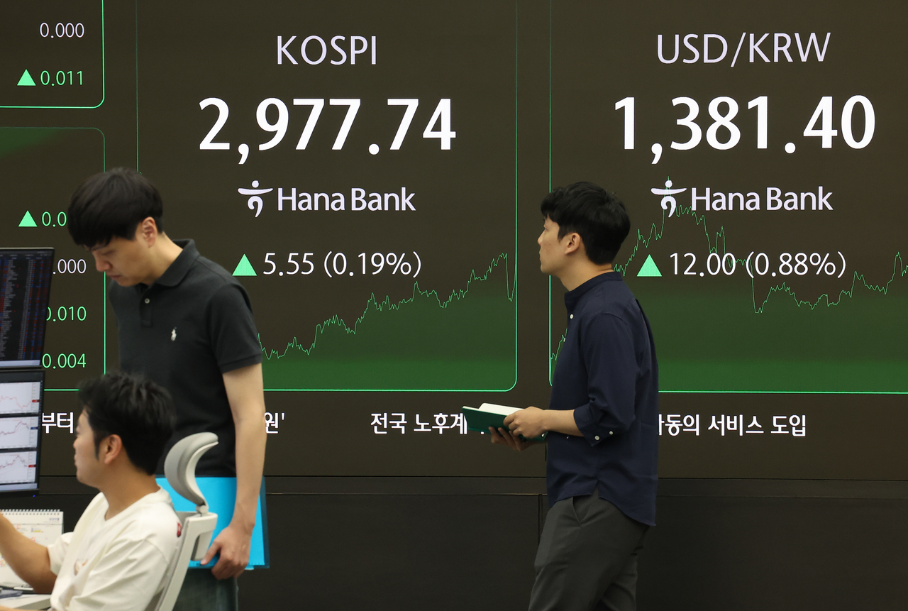 An electronic board showing the Korea Composite Stock Price Index at a dealing room of the Hana Bank headquarters in Seoul on Thursday. (Yonhap)