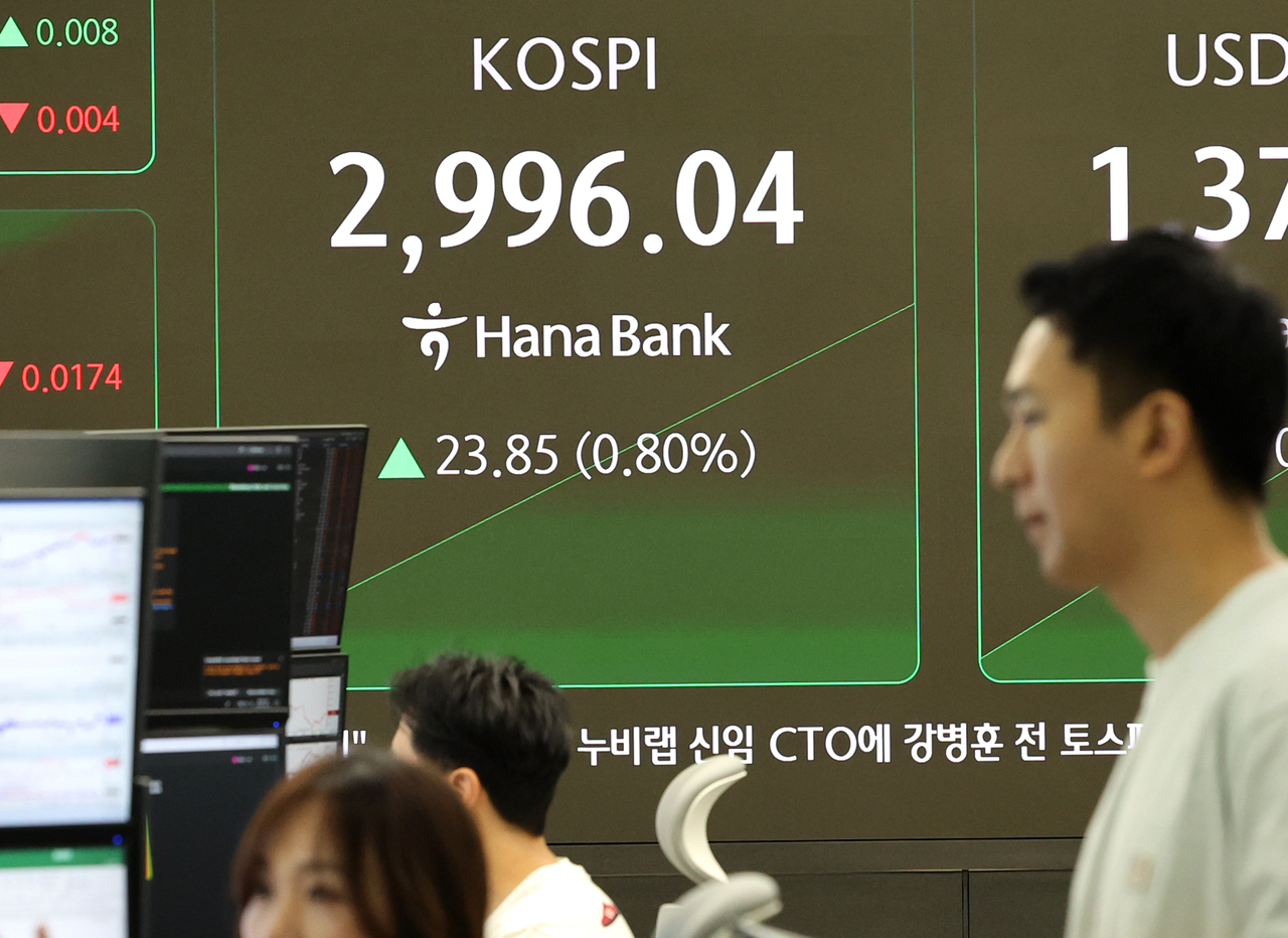 An electronic board showing the Korea Composite Stock Price Index at a dealing room of the Hana Bank headquarters in Seoul on Thursday. (Yonhap)