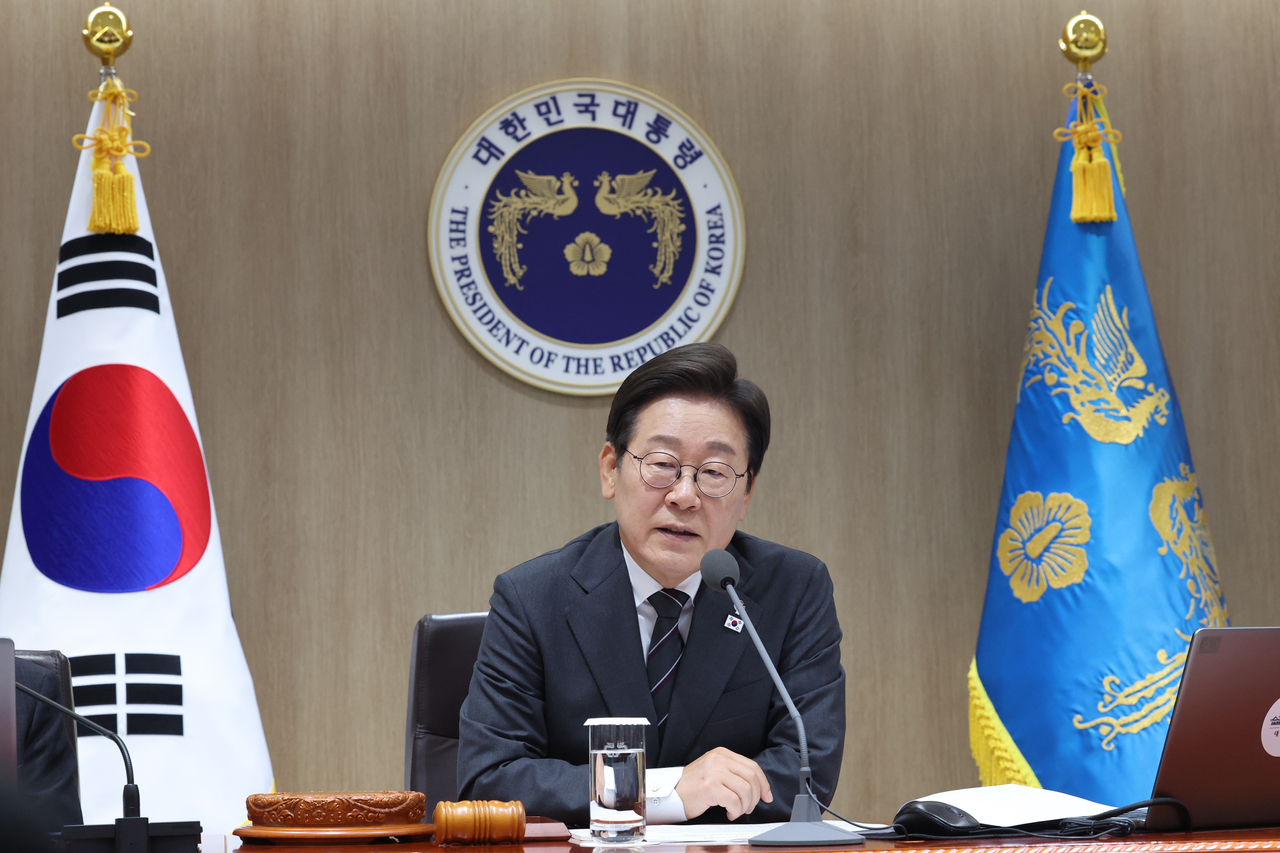 President Lee Jae Myung speaks during a Cabinet meeting at the presidential office in Seoul on Thursday. (Yonhap)