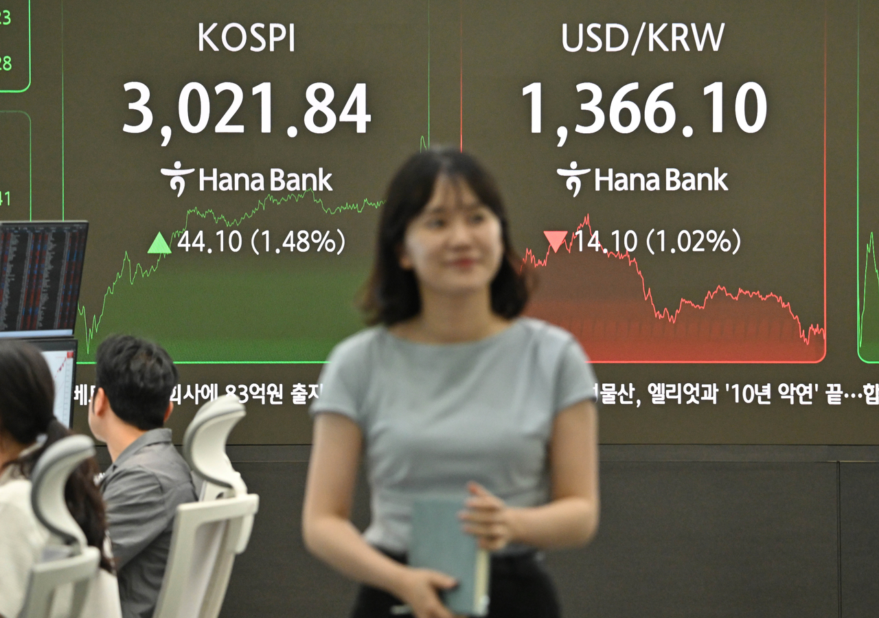 An electronic board at a Hana Bank dealing room in central Seoul shows the Kospi closing trading at 3,021.84 on Friday, up 1.48 percent. The Korean won is trading at 1,366.1 won per dollar. (Im Se-jun/The Korea Herald)