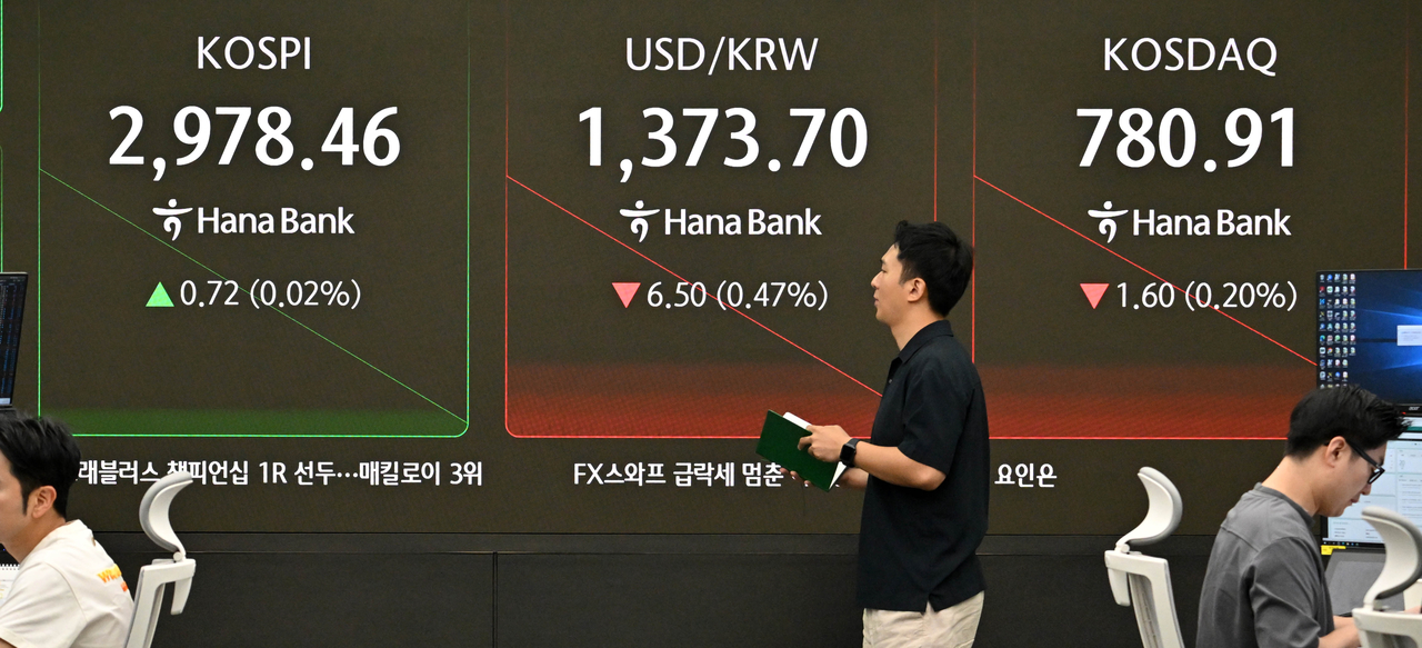 Dealers work in a dealing room of the Hana Bank headquarters in Seoul on Friday. (Im Se-jun/The Korea Herald)