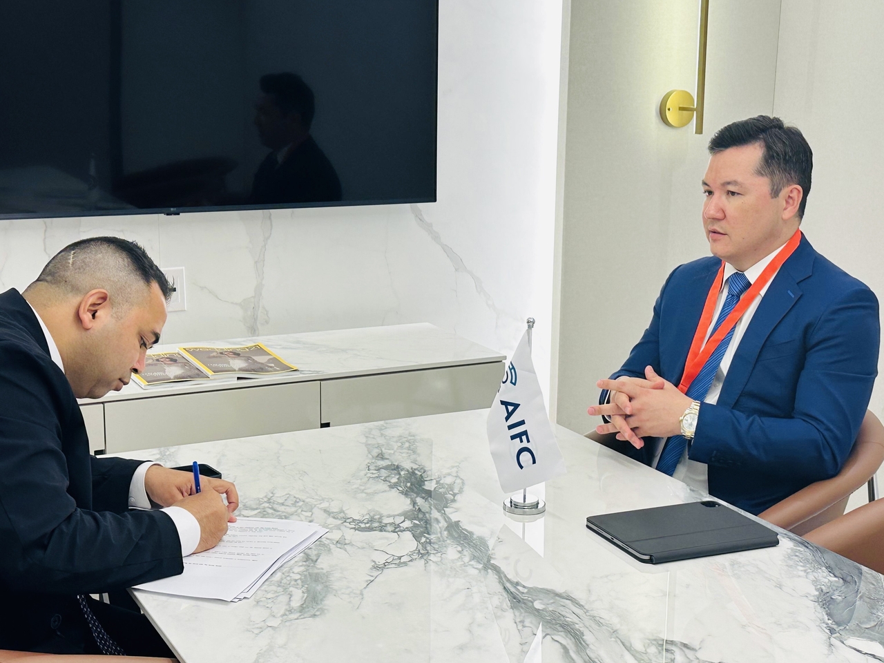 Astana International Financial Center Gov. Renat Bekturov(right) speaks during an interviewi with The Korea Herald at Mondrian Seoul on May 21. (Kazakh Embassy  in Seoul)