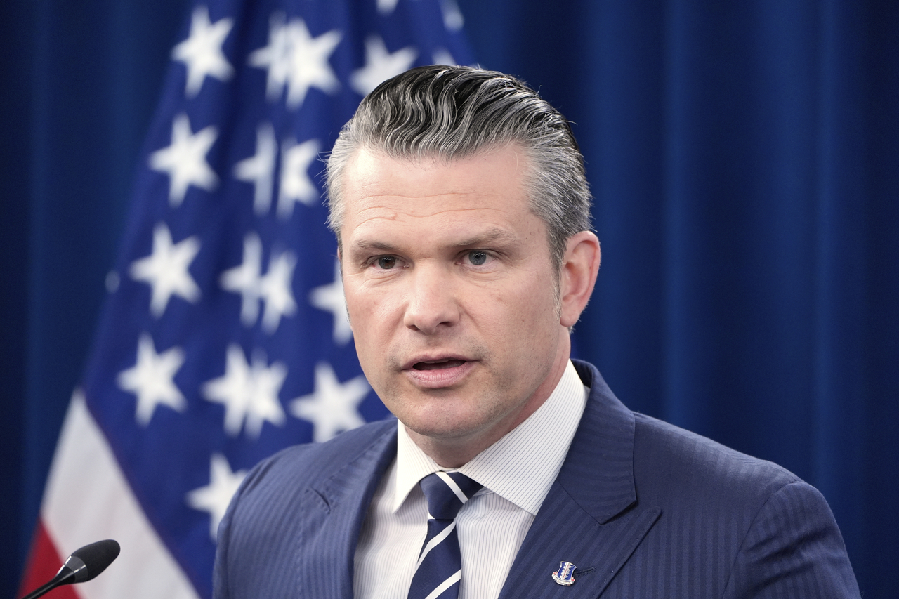 Defense Secretary Pete Hegseth speaks during a news conference at the Pentagon in Washington on Sunday, after the US military struck three sites in Iran, directly joining Israel's effort to destroy the country's nuclear program. (AP-Yonhap)