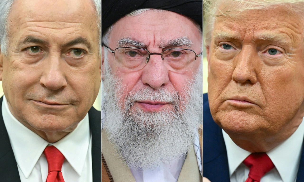 This combination of pictures shows Israeli Prime Minister Benjamin Netanyahu (left), Iran's Supreme leader Ayatollah Ali Khamenei (center) and US President Donald Trump (AFP-Yonhap)