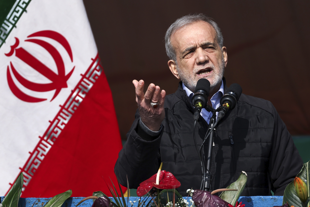 This photo released by the Iranian Presidency Office, President Masoud Pezeshkian speaks during a rally on Feb. 10, 2025, in Tehran, Iran. (Iranian Presidency Office via AP-Yonhap)