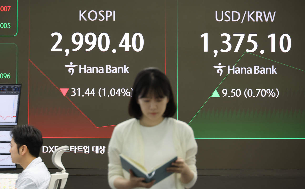 An electronic board showing the Korea Composite Stock Price Index at a dealing room of the Hana Bank headquarters in Seoul on Monday. (Yonhap)
